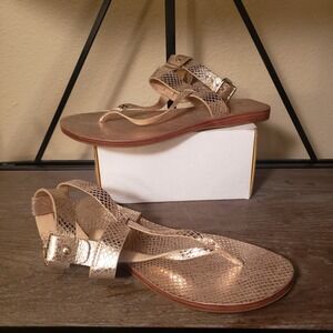 Antonio Melani Gold Ankle Strap Sandals Thong Snake Print Flats‎